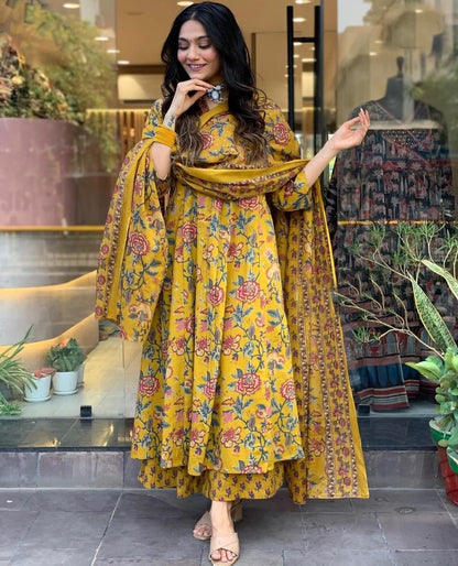 Bannisaa Navy Blue Floral Print Suit Set - Vintage Rose Garden with Embroidered Border Detailing