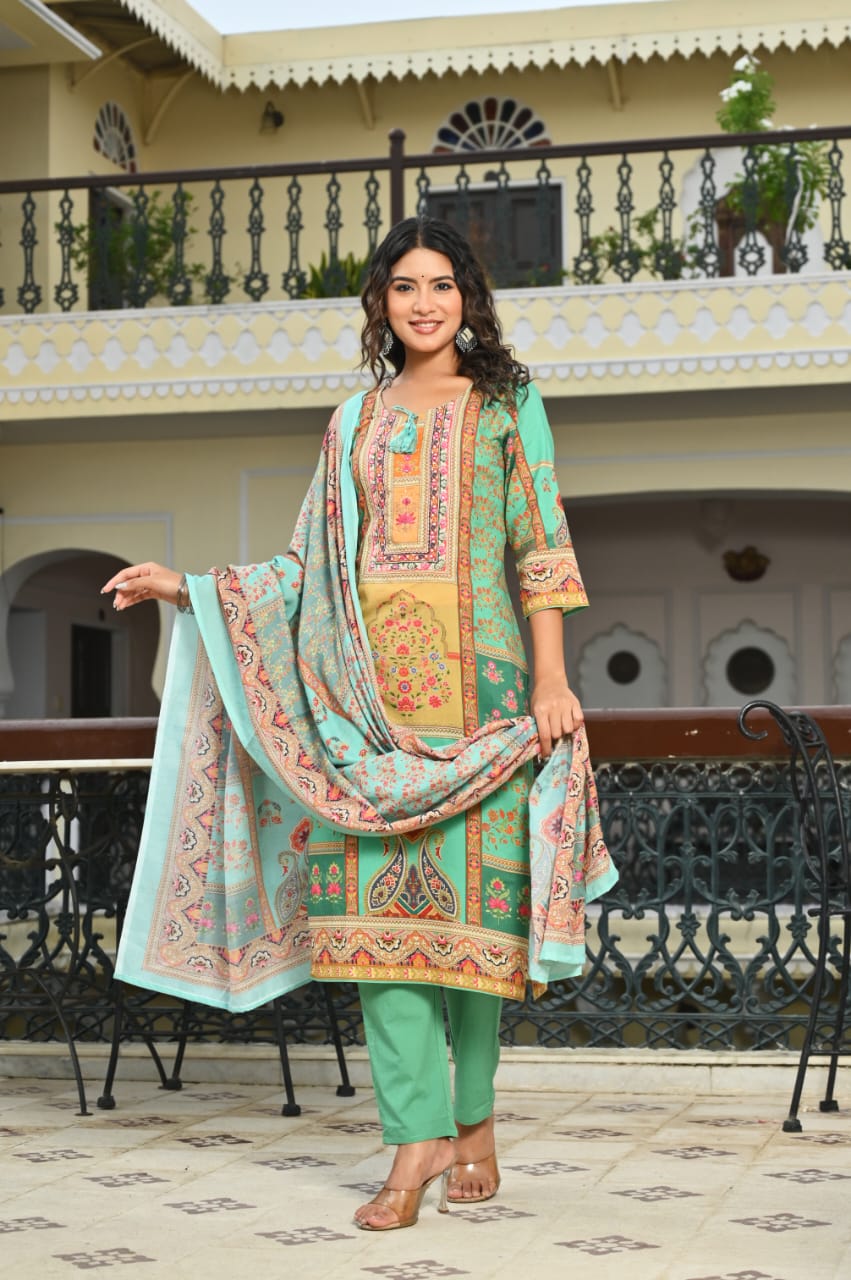 Bannisaa Mint Green Digital Print Suit Set - Traditional Patchwork Design with Multicolor Floral Motifs