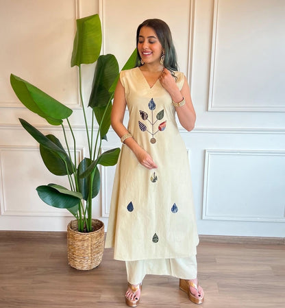 Bannisaa Rust Orange Applique Work Suit Set - Contemporary Patchwork with Geometric Motifs