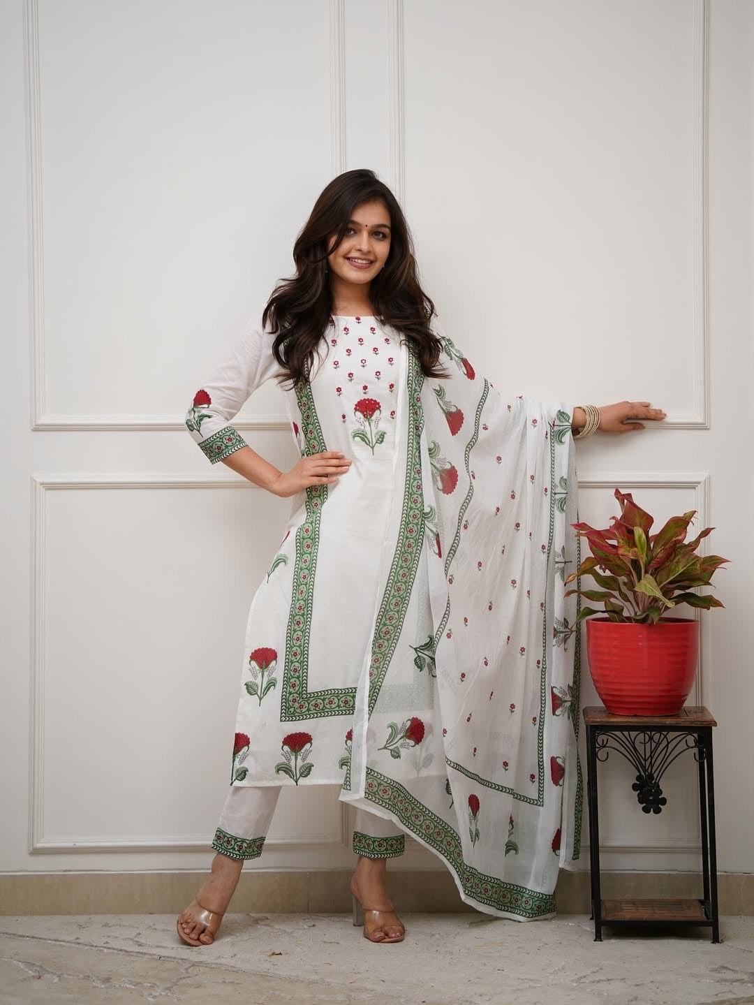 Bannisaa Block Printed Rose Motif Kurta Set - White Cotton Suit with Green Border & Matching Dupatta (3 piece suit)