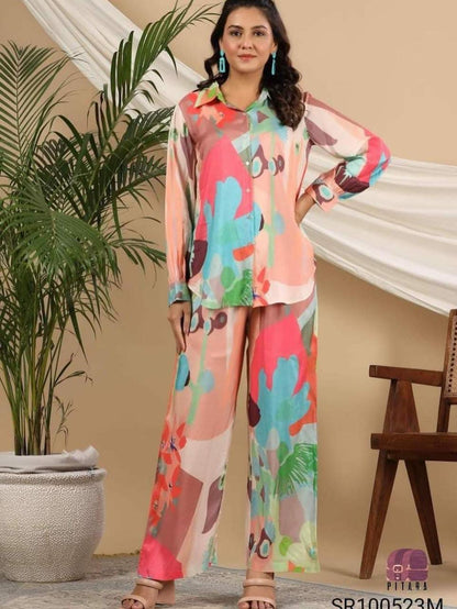 Tropical Paradise Muslin Co-ord Set - Abstract Print Ensemble with Bold Floral Motifs