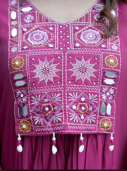 Bannisaa Magenta Pink Cotton Suit Set - Traditional Mirror Work Embroidery with Geometric Motifs