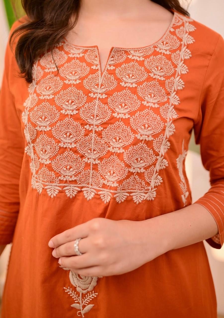Bannisaa Vibrant Orange Embroidered Suit Set - Traditional Chikankari Work with Matching Dupatta