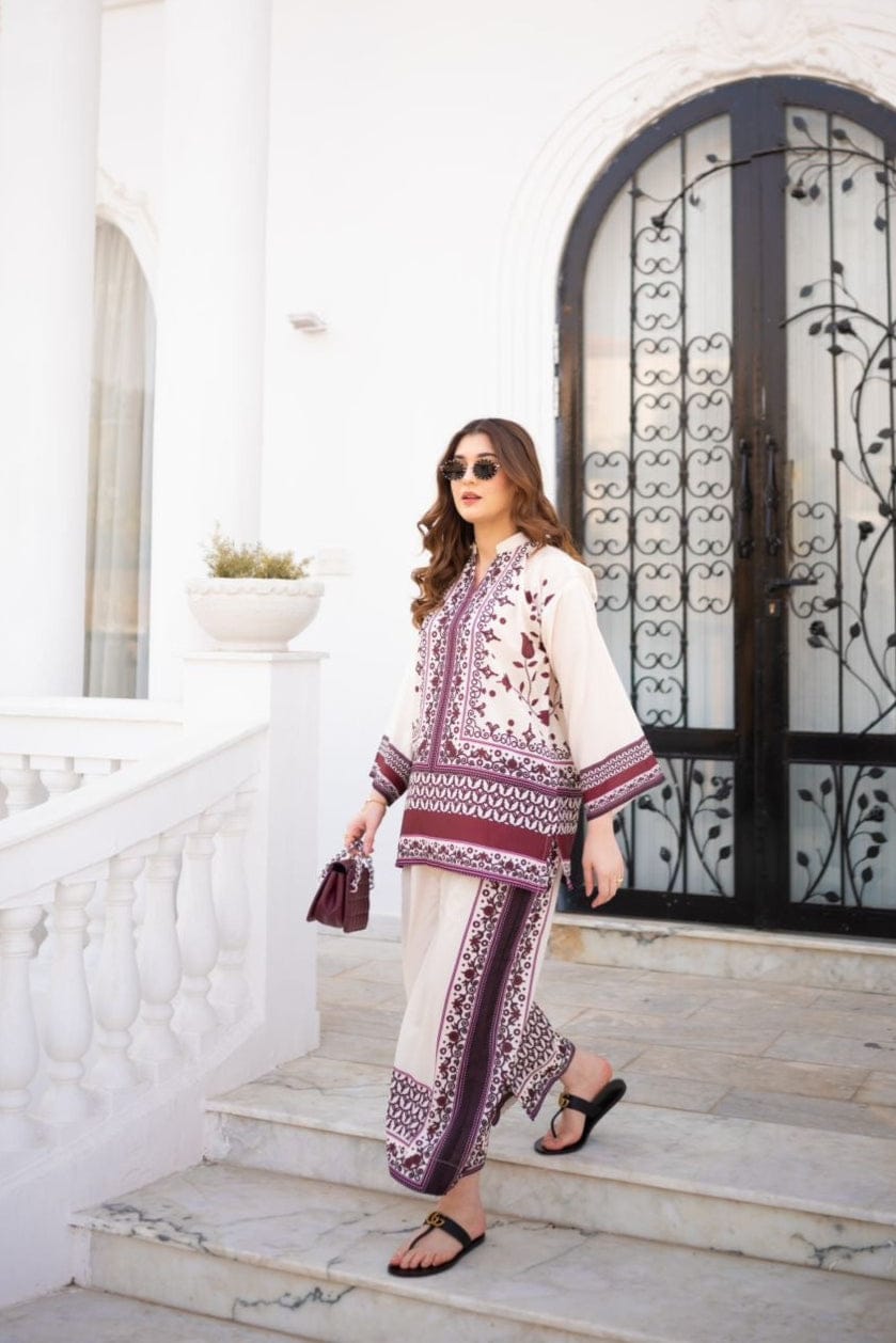 Bannisaa Heritage Bloom Muslin Printed Co-ord Set - Cream & Burgundy Ensemble