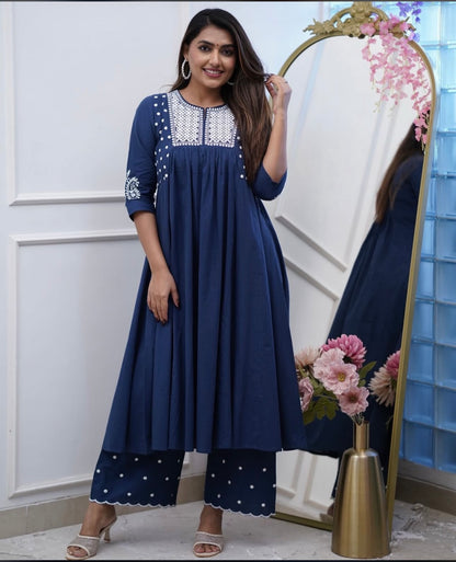 Bannisaa Midnight Stars Co-ord Set - Navy Blue Embroidered Ensemble with Pearl White Yoke