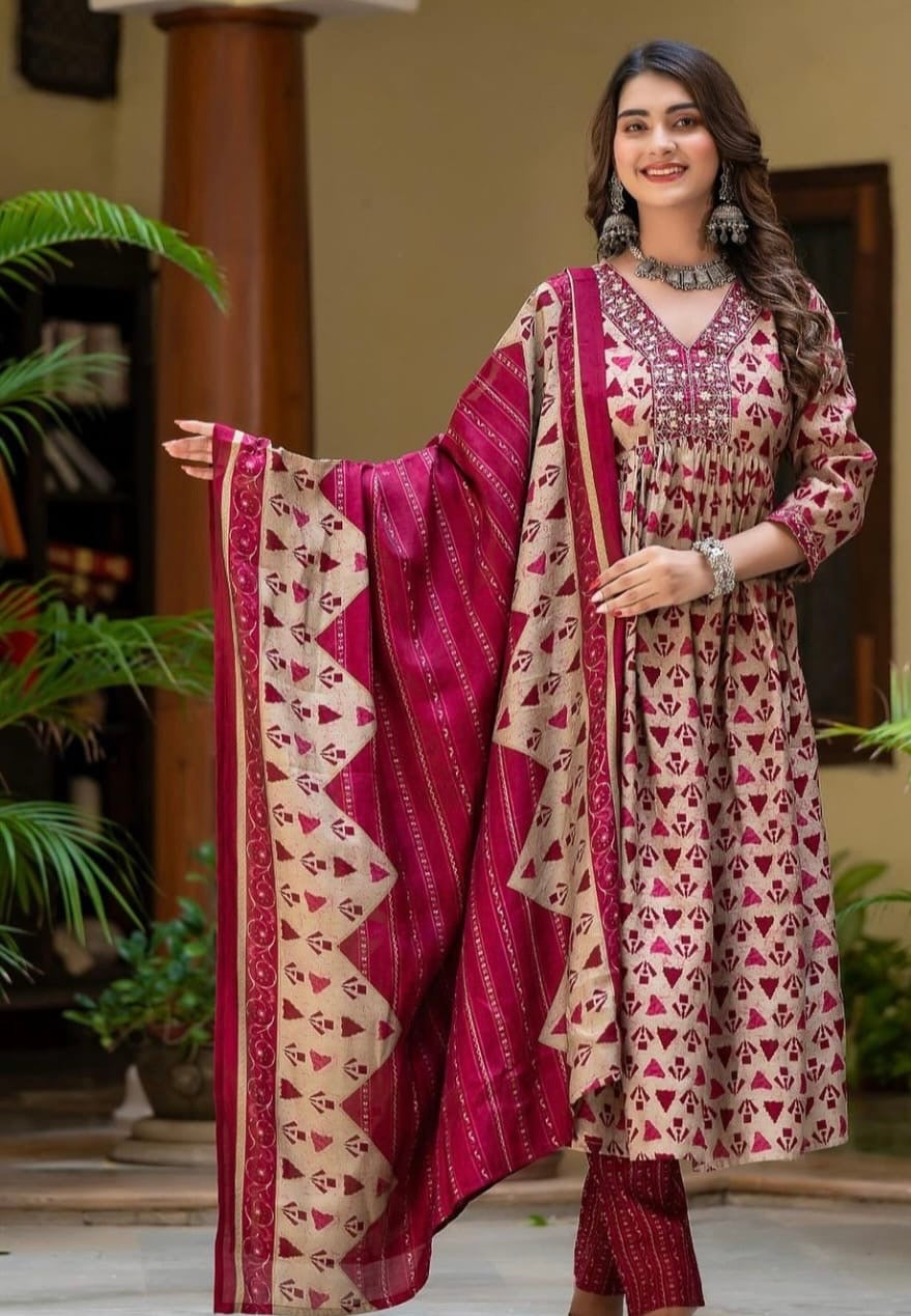Bannisaa Burgundy Tribal Print Suit Set - Traditional Geometric Motifs with Embroidered Yoke