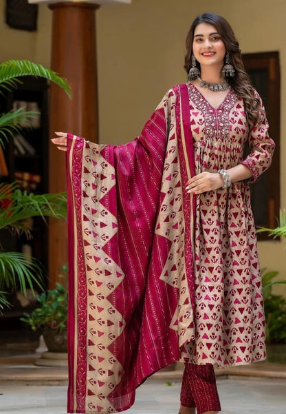 Bannisaa Burgundy Tribal Print Suit Set - Traditional Geometric Motifs with Embroidered Yoke