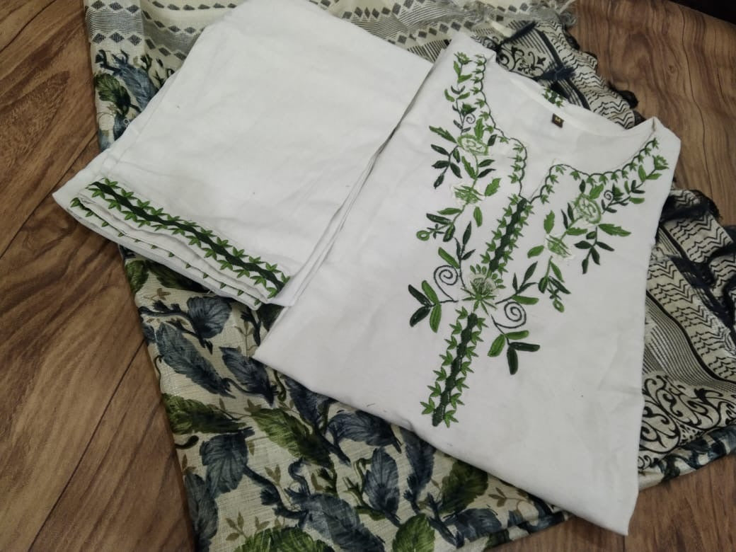 Bannisaa Garden Whispers Embroidered 3 piece Suit Set - Cream Silk Ensemble with Green Floral Dupatta