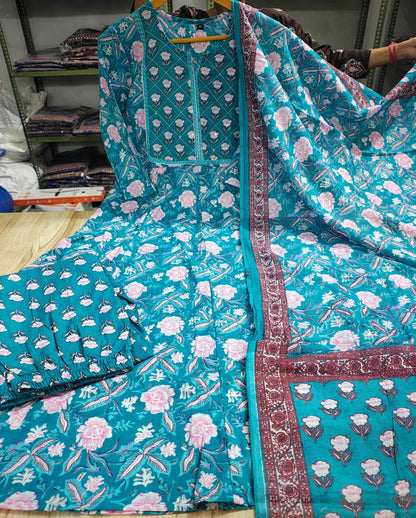 Bannisaa Ethnic Rose Garden Suit Set Collection - Royal Blue & Teal Twin Set with Golden Florals