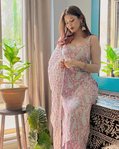 Sky Blue & Pink Paisley Printed Sharara Sleeveless Set - Traditional Block Print with Matching Dupatta (3 piece set)