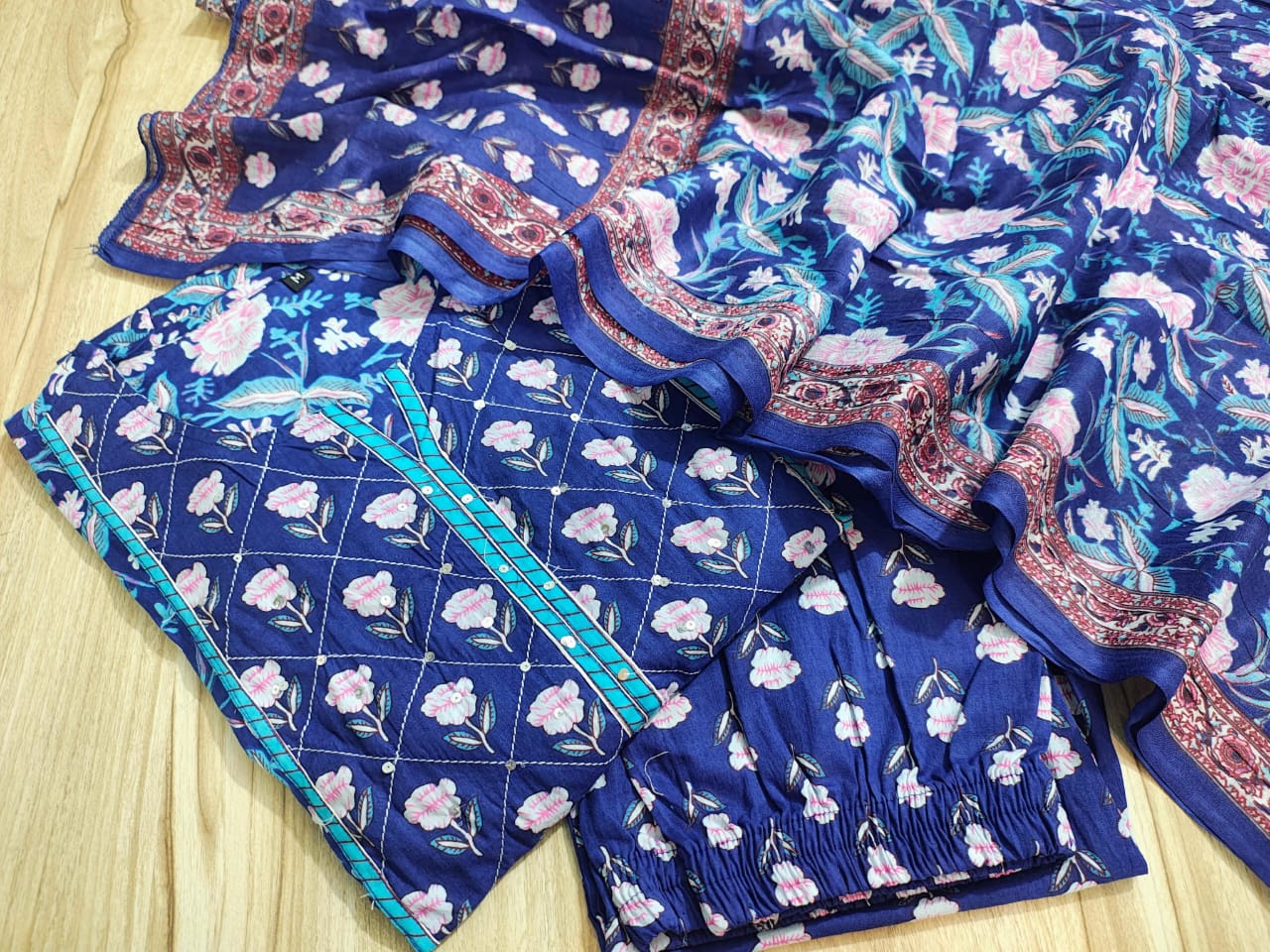 Bannisaa Ethnic Rose Garden Suit Set Collection - Royal Blue & Teal Twin Set with Golden Florals