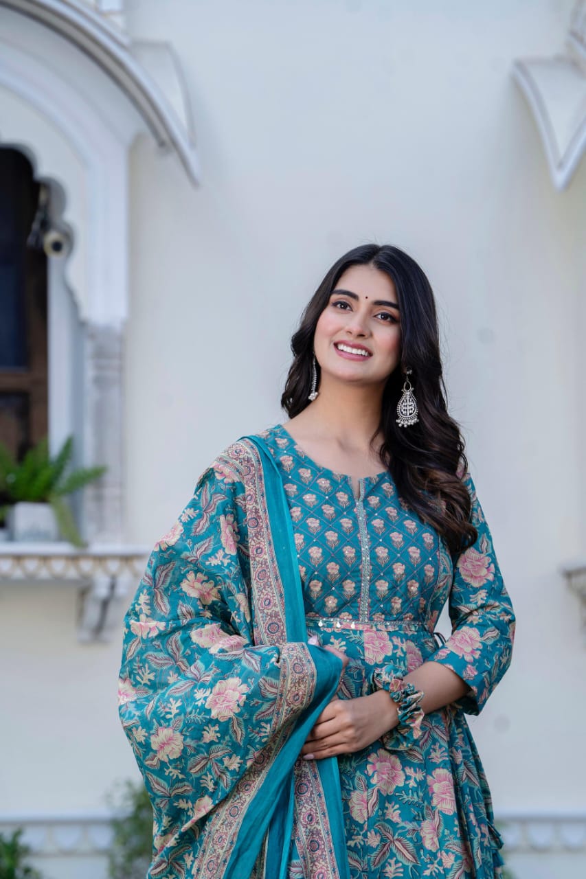 Bannisaa Ethnic Rose Garden Suit Set Collection - Royal Blue & Teal Twin Set with Golden Florals