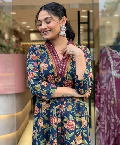 Bannisaa Navy Blue Floral Print Suit Set - Vintage Rose Garden with Embroidered Border Detailing