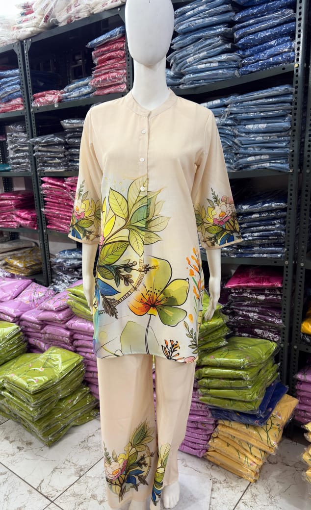 Bannisaa Cream Tropical Floral Co-ord Set - Contemporary Botanical Print with Palazzo Style