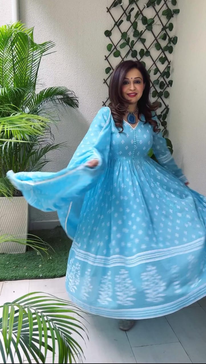 Bannisaa Sky Blue Floral Anarkali Dress - Ethereal Blooms with Flowing Silhouette