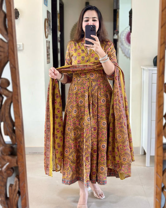 Bannisaa Heritage Mustard Ajrakh Print Anarkali Set - Traditional Block Print with Contemporary Silhouette
