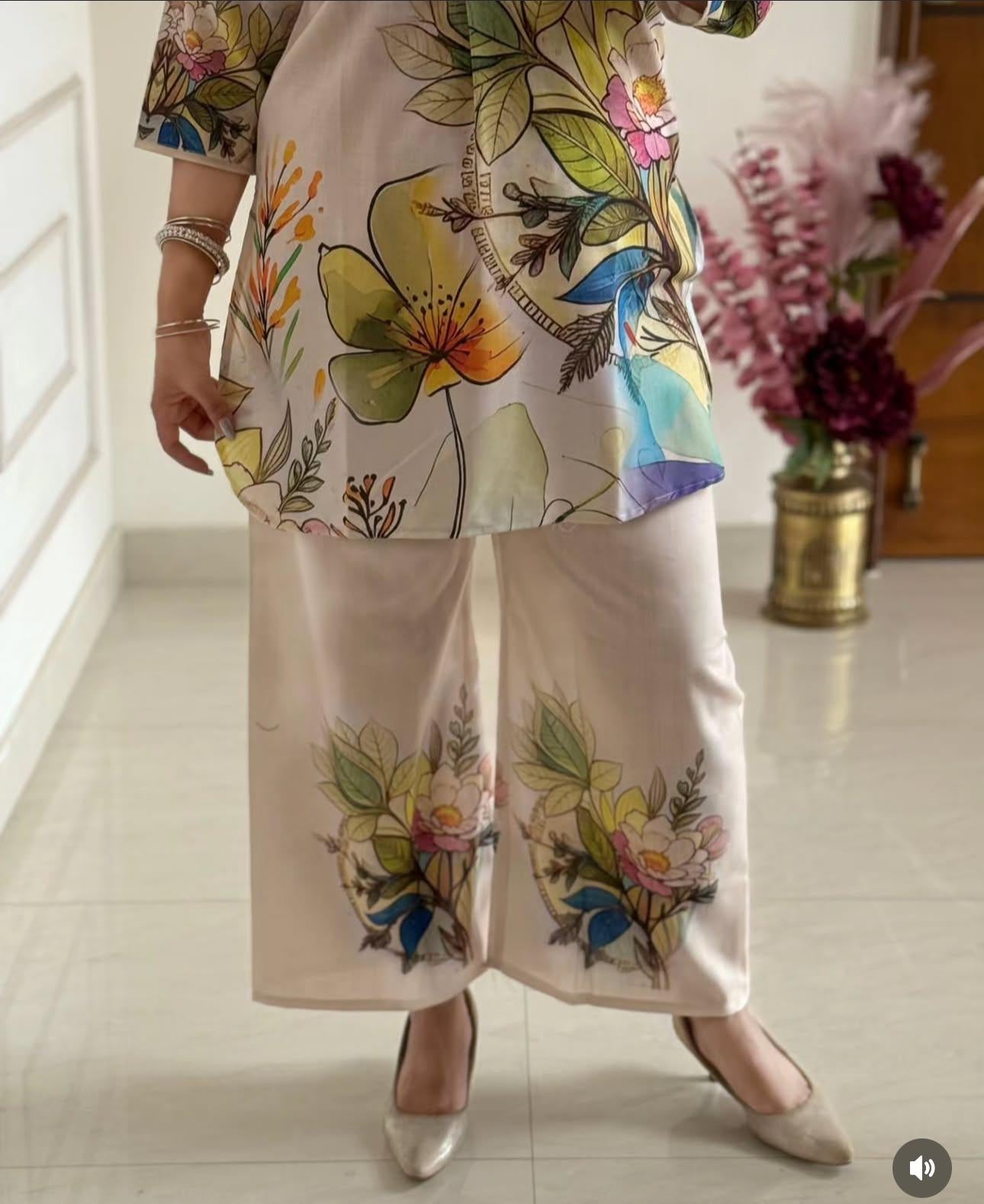 Bannisaa Cream Tropical Floral Co-ord Set - Contemporary Botanical Print with Palazzo Style