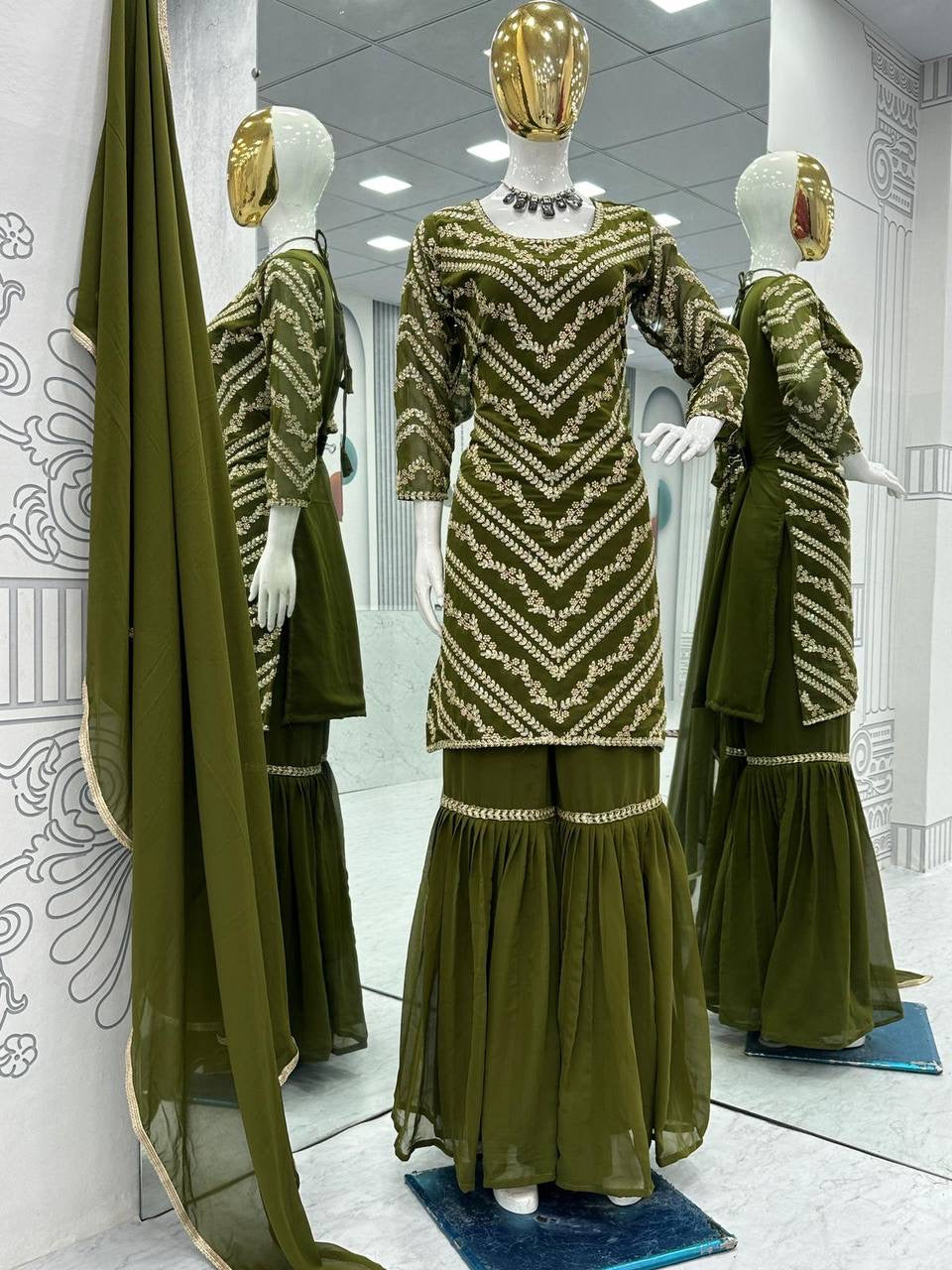 Bannisaa Olive Green Georgette Sharara Suit Set - Traditional Gota Patti Embroidery with Chevron Pattern Design