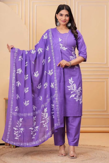 Bannisaa Lavender Leaf Embroidered Suit Set - Traditional White Thread Work with Botanical Motifs