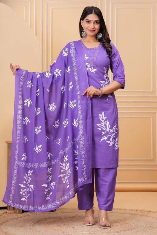 Bannisaa Lavender Leaf Embroidered Suit Set - Traditional White Thread Work with Botanical Motifs