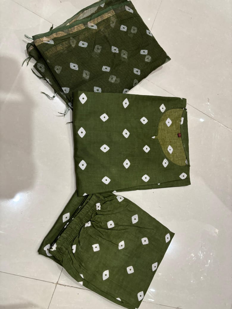 Bannisaa Olive Green Bandhani Print Suit Set - Traditional Tie-Dye with Golden Dupatta
