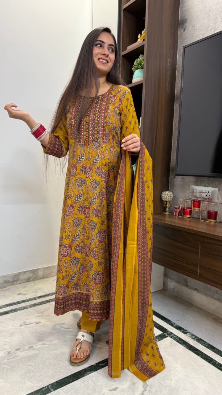 Bannisaa Mustard Gold Garden Suit Set - Traditional Floral with Intricate Yoke Embroidery