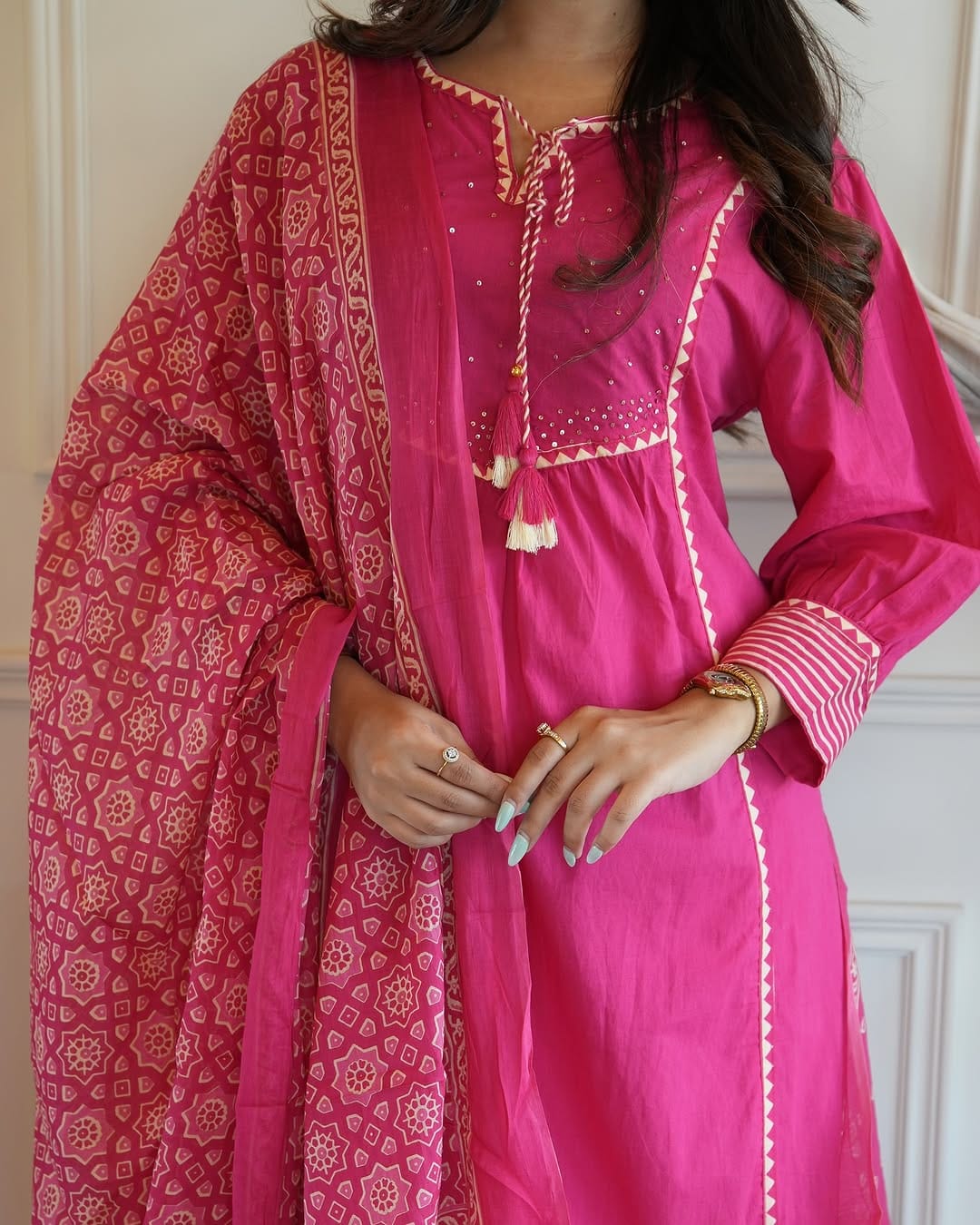 Bannisaa Fuchsia Royal Heritage Suit Set - Traditional Block Print with Golden Gota Detailing