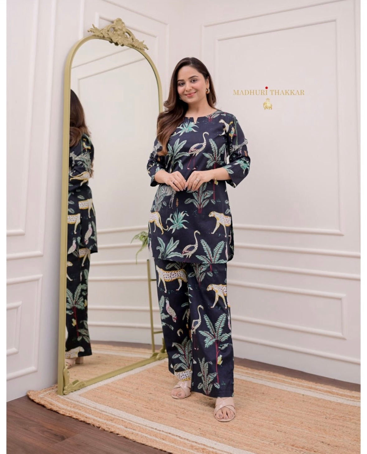 Bannisaa Safari Dreams Co-ord Set - Navy Blue Jungle Print Ensemble with Exotic Animal Motifs