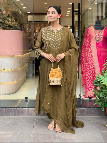 Bannisaa Olive Green Georgette Kaftan Set - Traditional Gota Patti Embroidery with Chevron Pattern Design