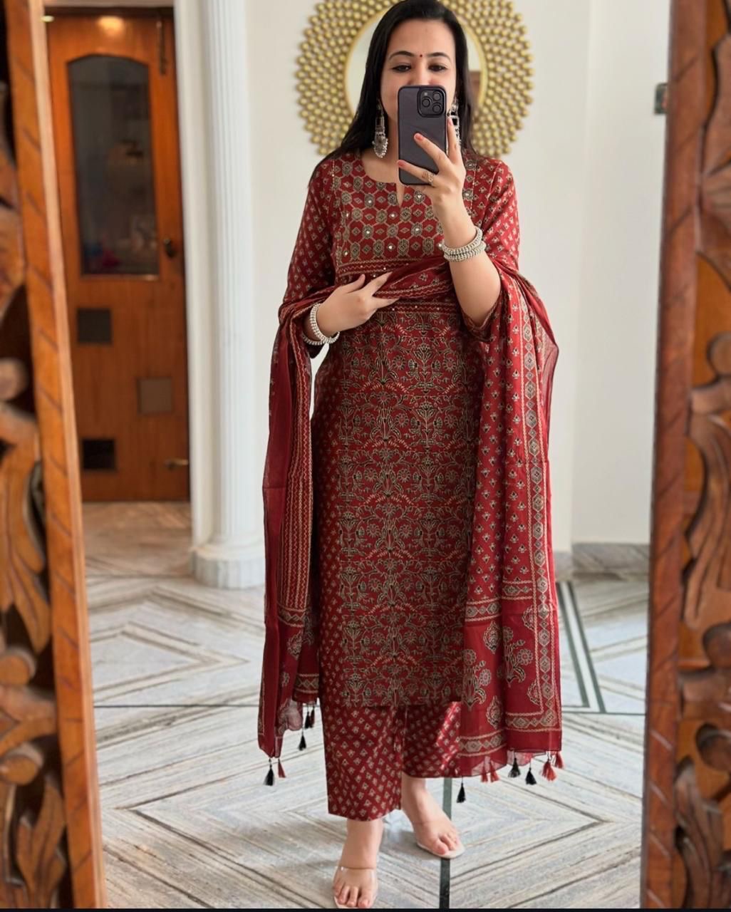 Bannisaa Crimson Heritage Block Print Suit Set - Traditional Ajrakh with Golden Geometric Motifs