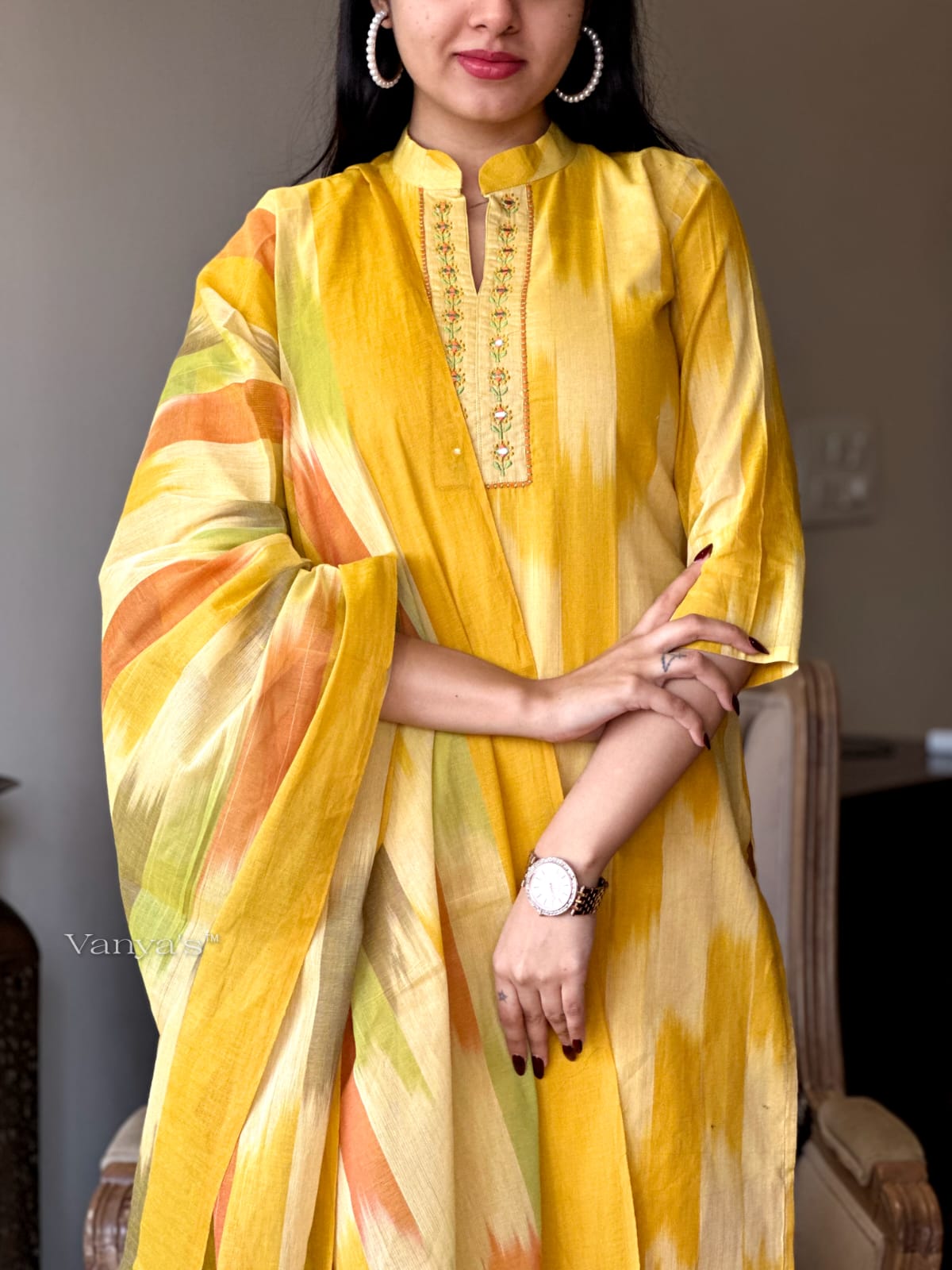 Bannisaa Sunset Ikat Fusion Suit Set - Contemporary Brushstroke Print with Vibrant Color Palette