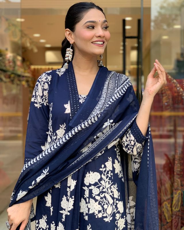 Bannisaa Printed Cotton Anarkali 3-Piece Kurta Set