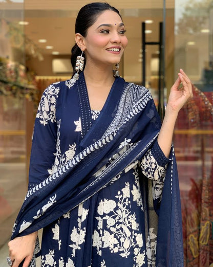 Bannisaa Printed Cotton Anarkali 3-Piece Kurta Set