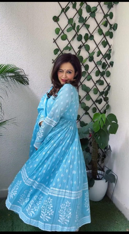 Bannisaa Sky Blue Floral Anarkali Dress - Ethereal Blooms with Flowing Silhouette