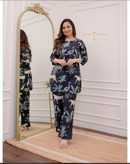 Bannisaa Safari Dreams Co-ord Set - Navy Blue Jungle Print Ensemble with Exotic Animal Motifs
