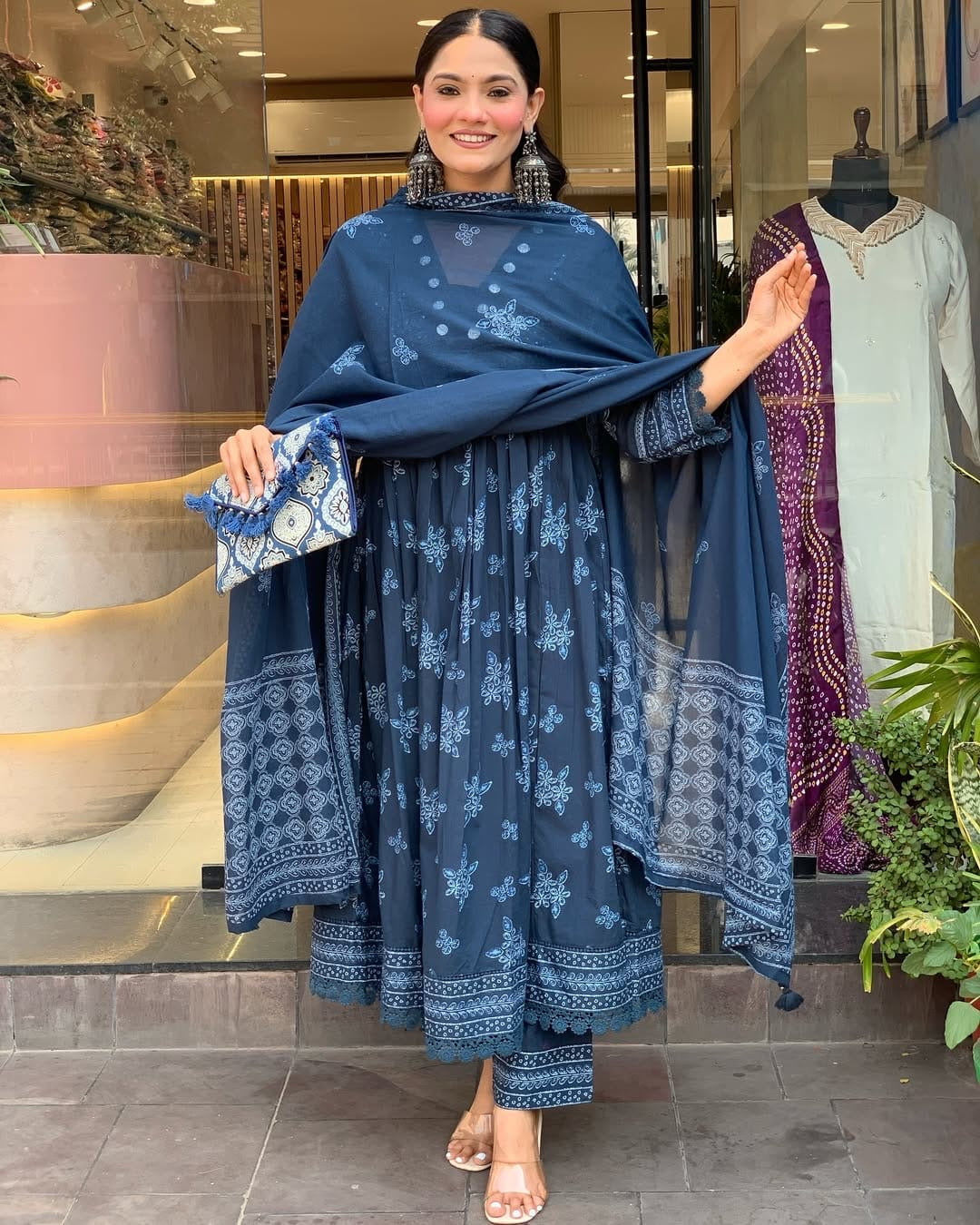 Bannisaa Navy Blue Block Print Sharara Suit Set - Traditional Indigo Floral Motifs with Geometric Border Design