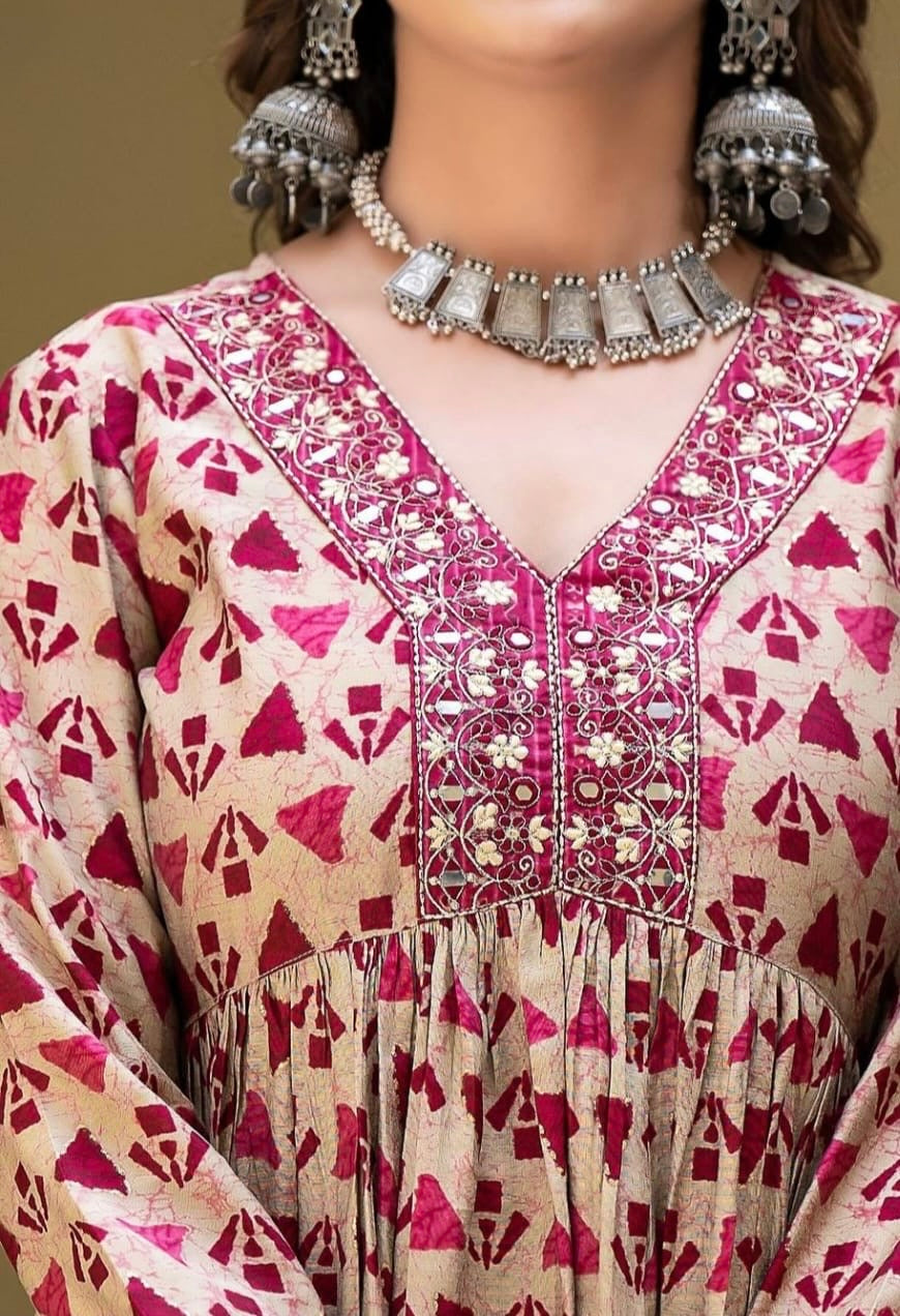 Bannisaa Burgundy Tribal Print Suit Set - Traditional Geometric Motifs with Embroidered Yoke