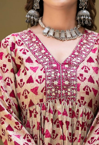 Bannisaa Burgundy Tribal Print Suit Set - Traditional Geometric Motifs with Embroidered Yoke