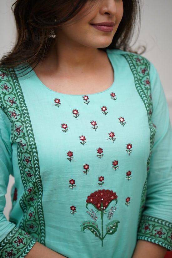 Bannisaa Block Printed Rose Motif Kurta Set - White Cotton Suit with Green Border & Matching Dupatta (3 piece suit)
