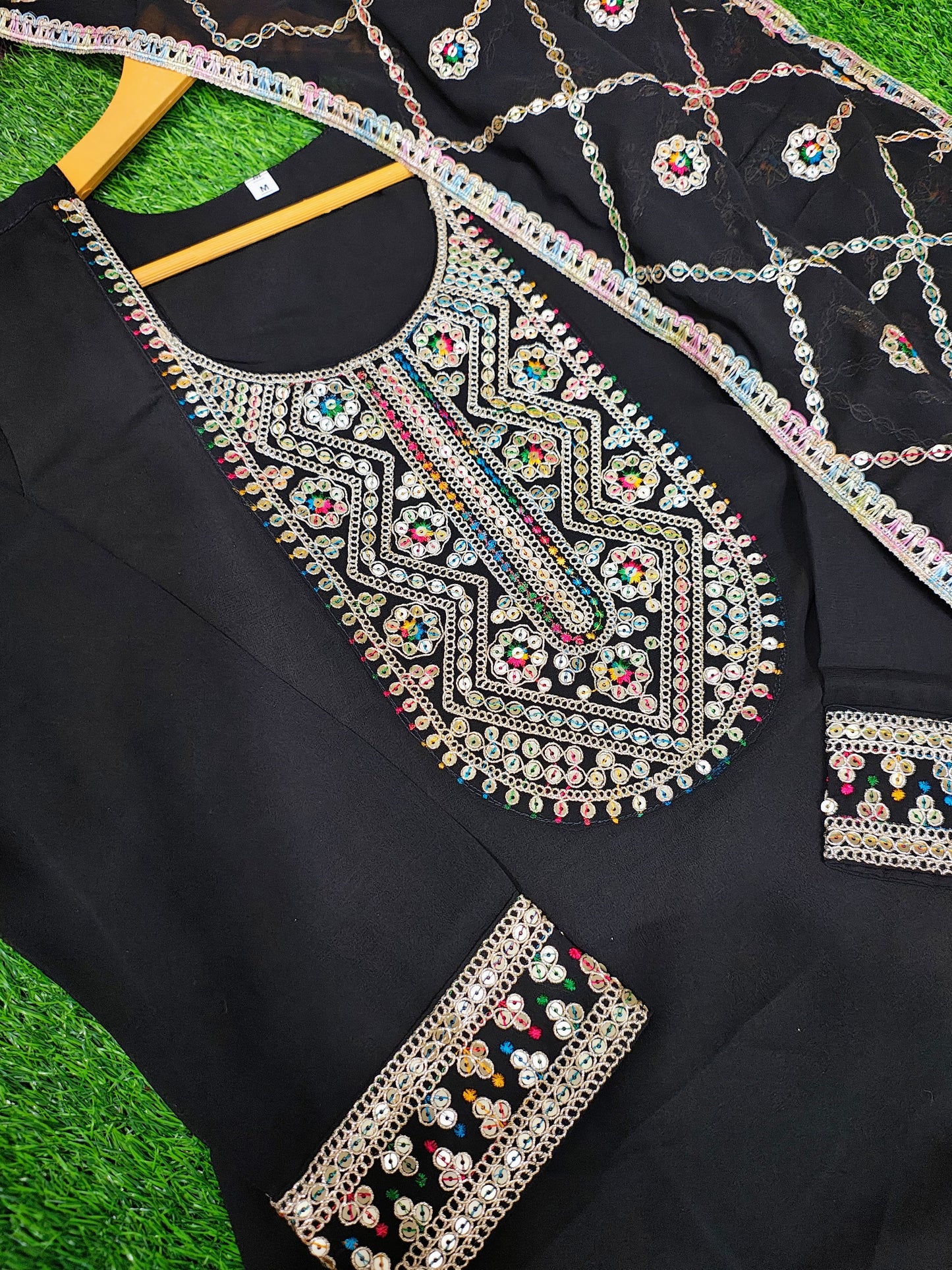 Bannisaa Black Faux Georgette Heavy Embroidered Straight Kurta Set with Dupatta (3 piece suit)