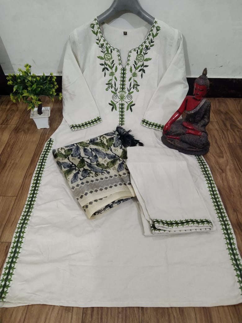 Bannisaa Garden Whispers Embroidered 3 piece Suit Set - Cream Silk Ensemble with Green Floral Dupatta