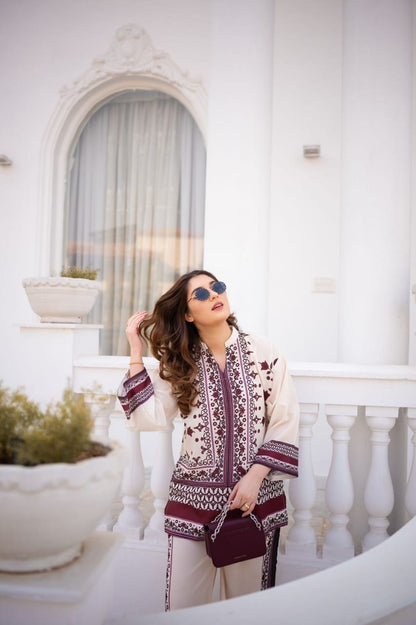 Bannisaa Heritage Bloom Muslin Printed Co-ord Set - Cream & Burgundy Ensemble