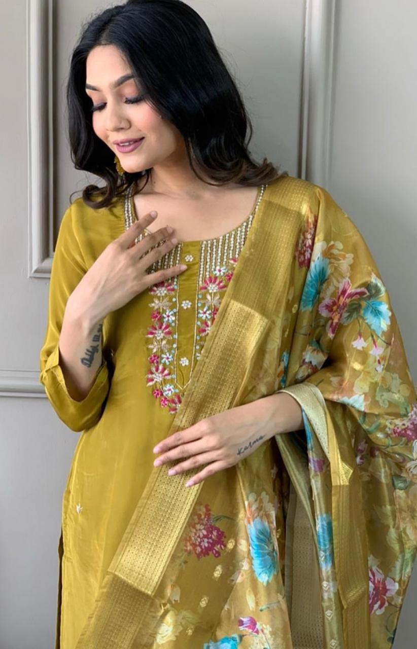 Bannisaa Golden Meadow Embroidered Suit Set - Floral Thread Work with Silk Dupatta