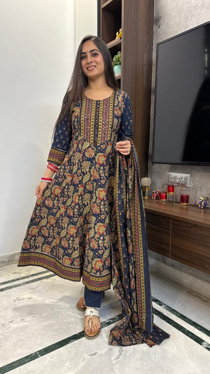 Bannisaa Mustard Gold Garden Suit Set - Traditional Floral with Intricate Yoke Embroidery