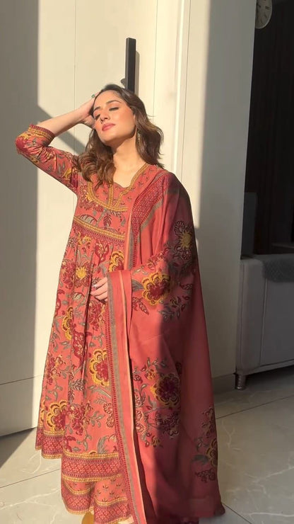 Bannisaa Vintage Floral Print Straight Kurta Set with Dupatta (3 piece suit)