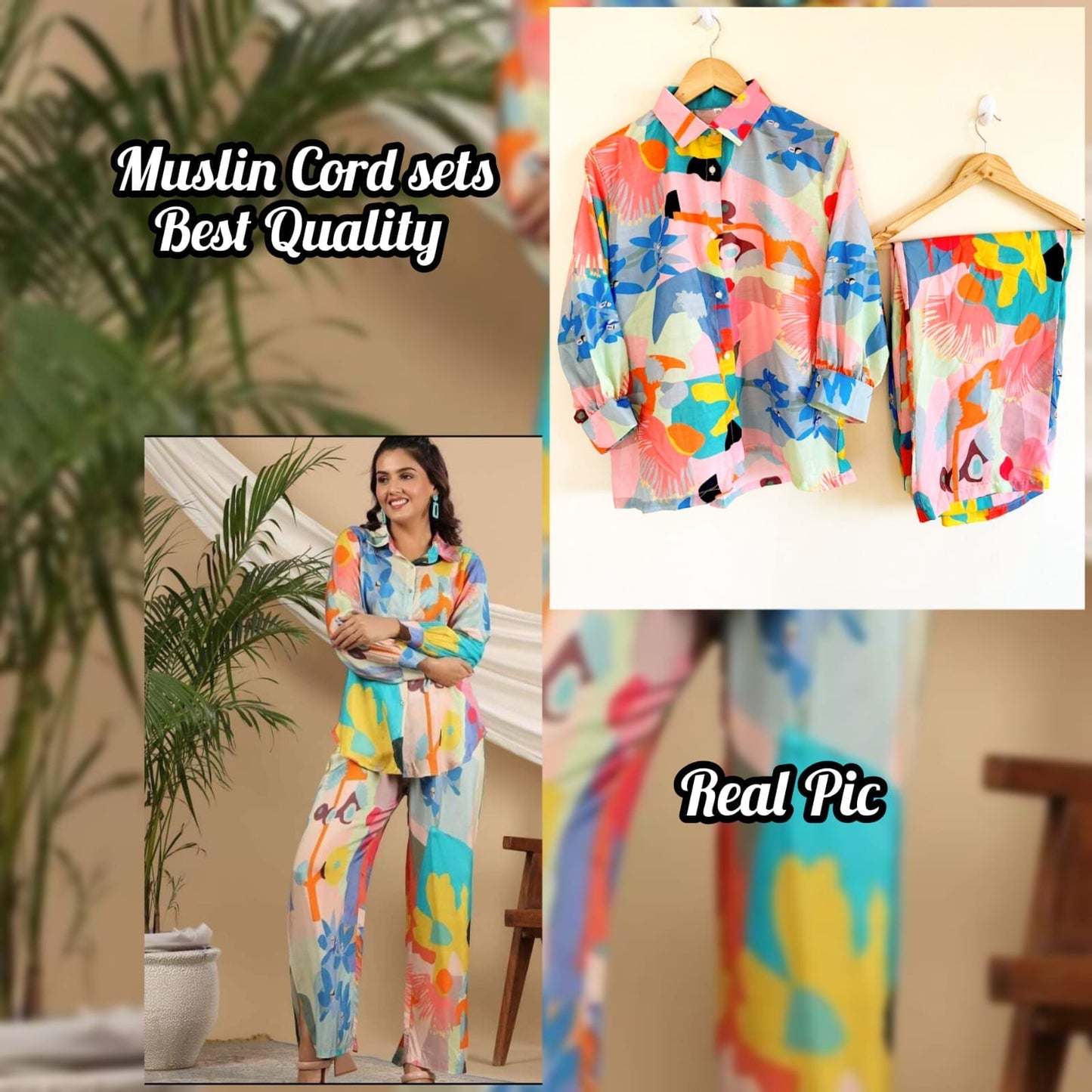 Tropical Paradise Muslin Co-ord Set - Abstract Print Ensemble with Bold Floral Motifs