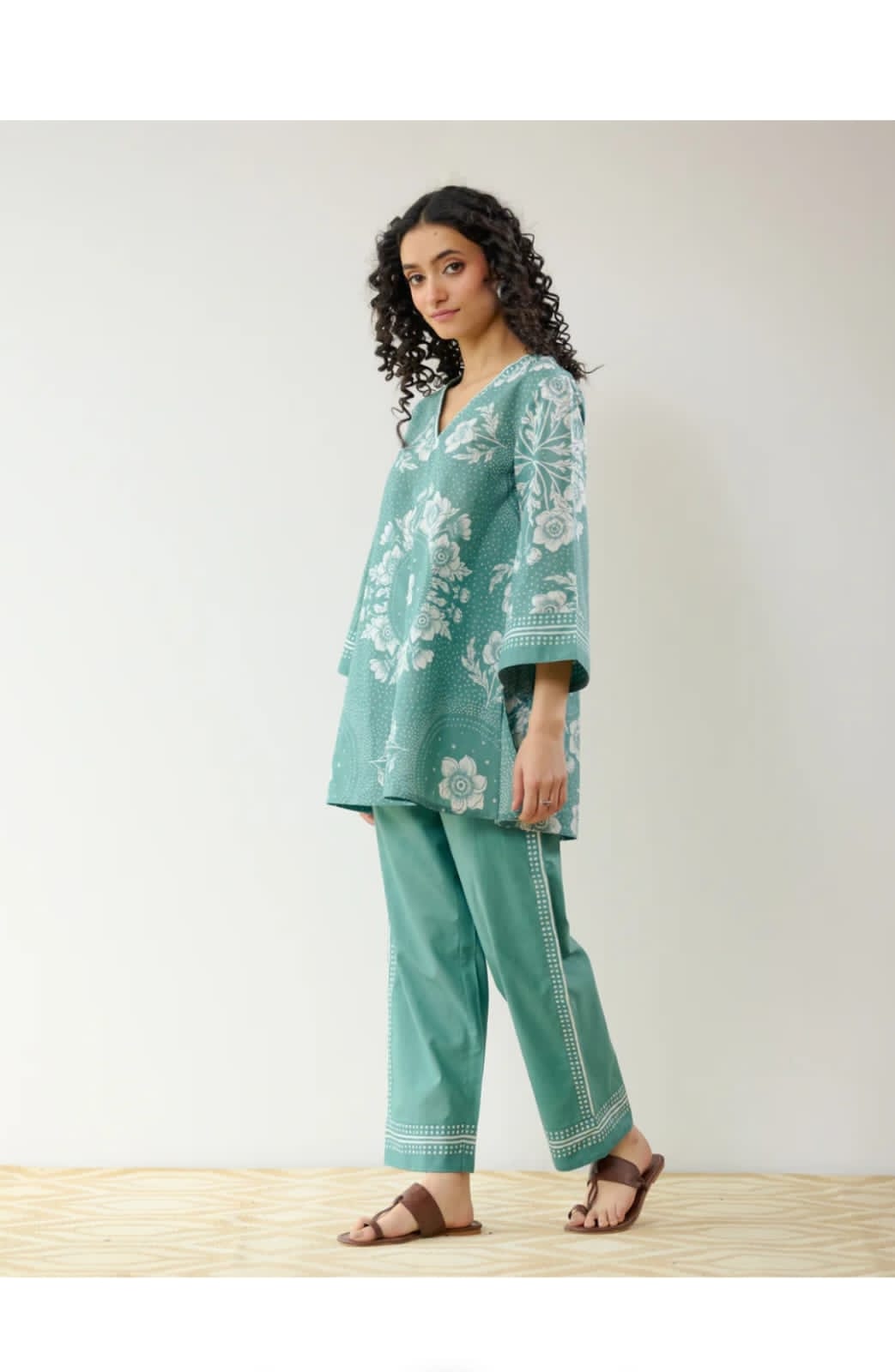 Bannisaa Sage Blossom Muslin Printed Co-ord Set - Mint Green & White Ensemble