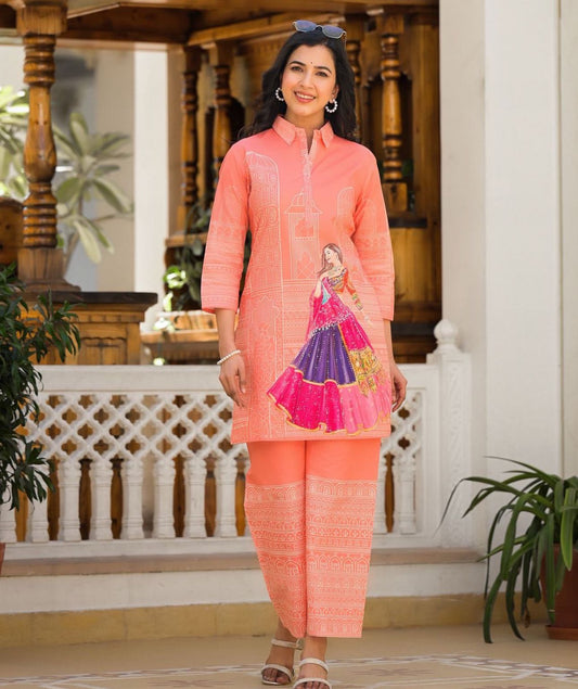 Bannisaa Coral Heritage Print Co-ord Set - Royal Rajasthani Art with Traditional Architecture Motifs