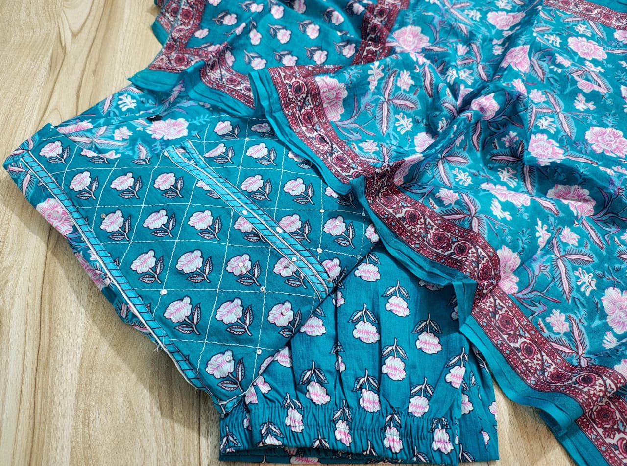 Bannisaa Ethnic Rose Garden Suit Set Collection - Royal Blue & Teal Twin Set with Golden Florals