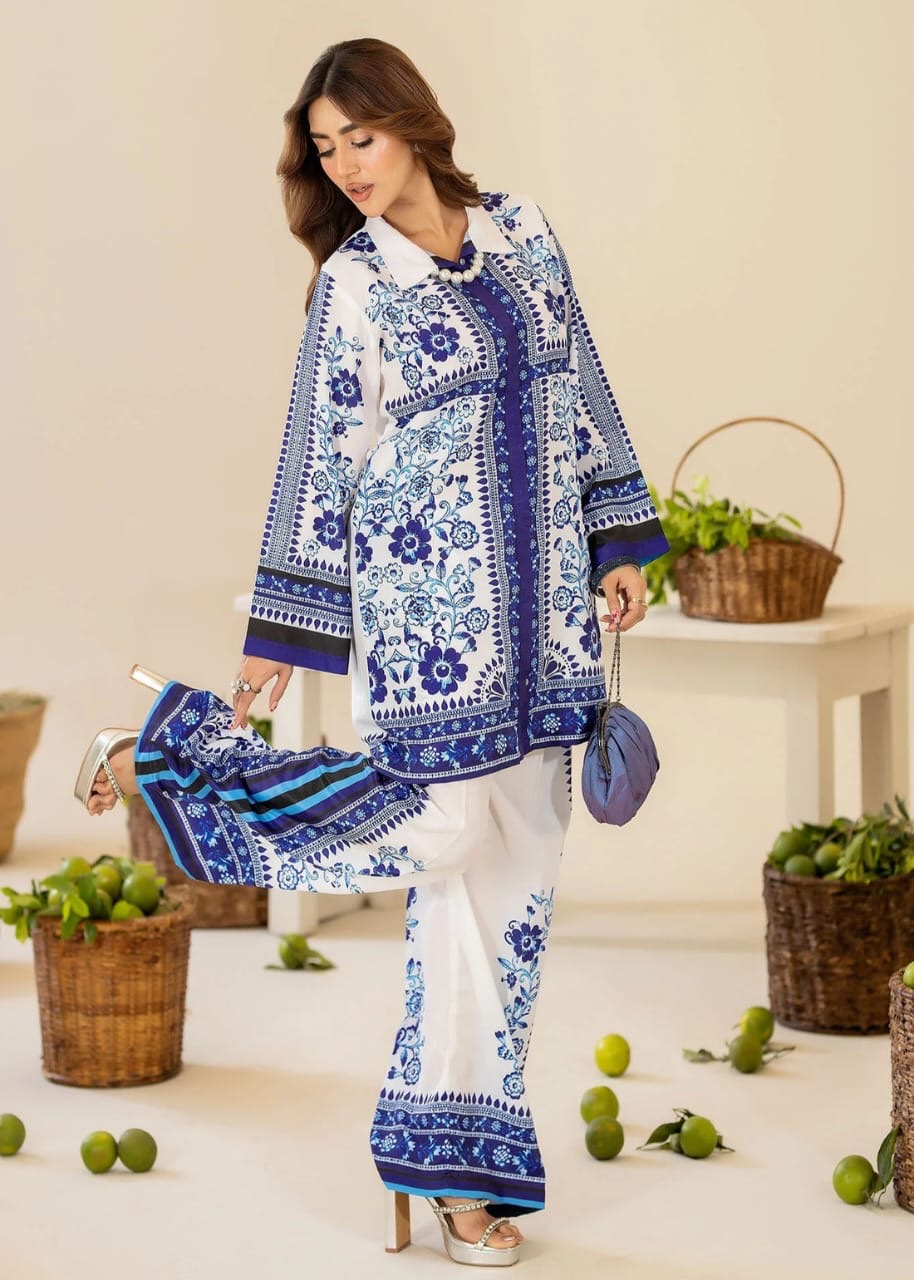 Bannisaa Azure Bloom Muslin Printed Co-ord Set - Classic Blue & White Ensemble